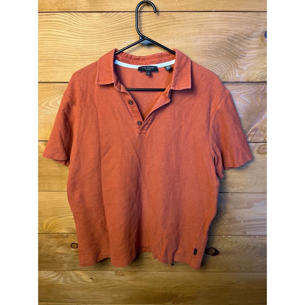 Ted Baker London Mens Waffle Polo Shirt Knit Short Sleeve Casual Modern Orange‎